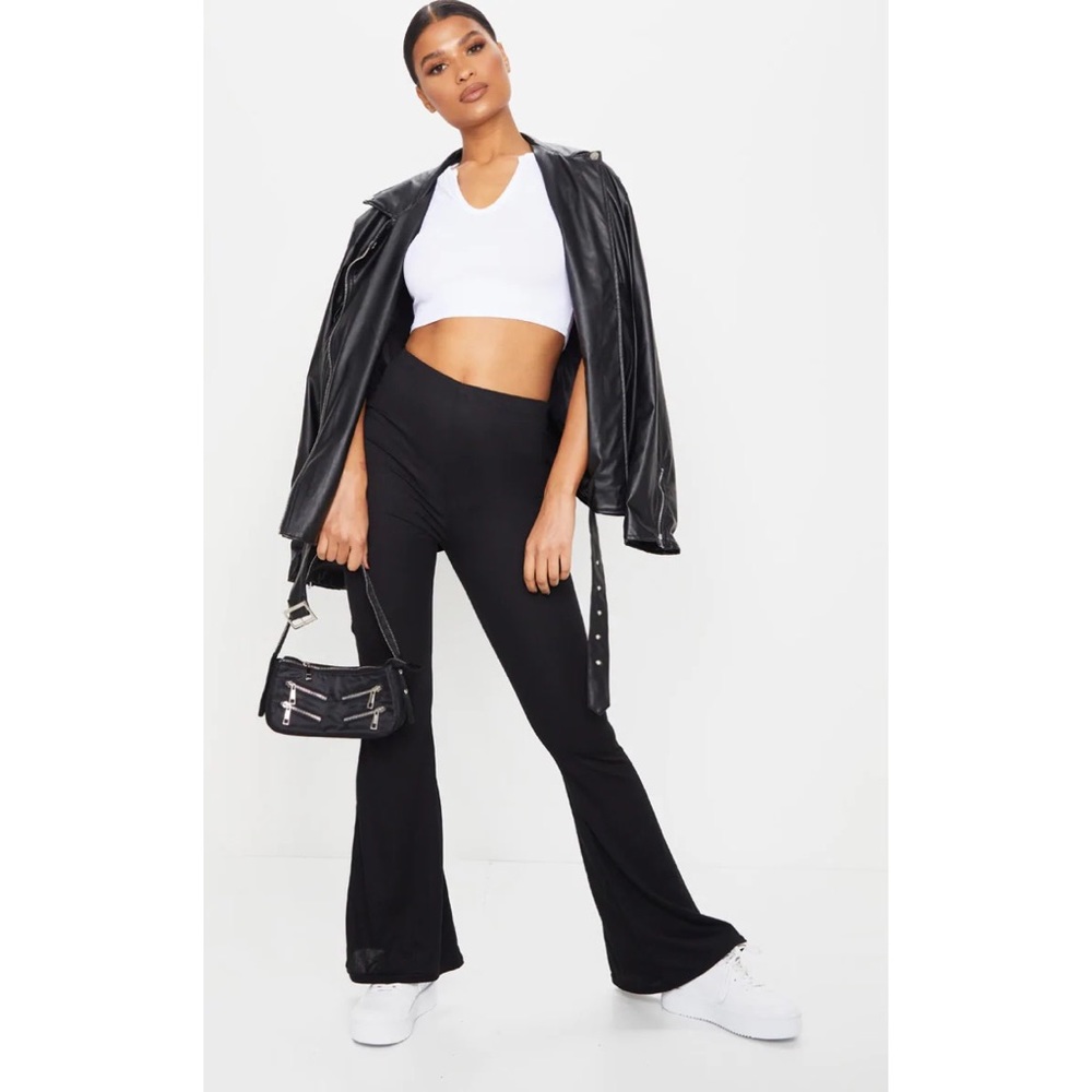 Black Ribbed Flared Trousers - Picture 2 of 5